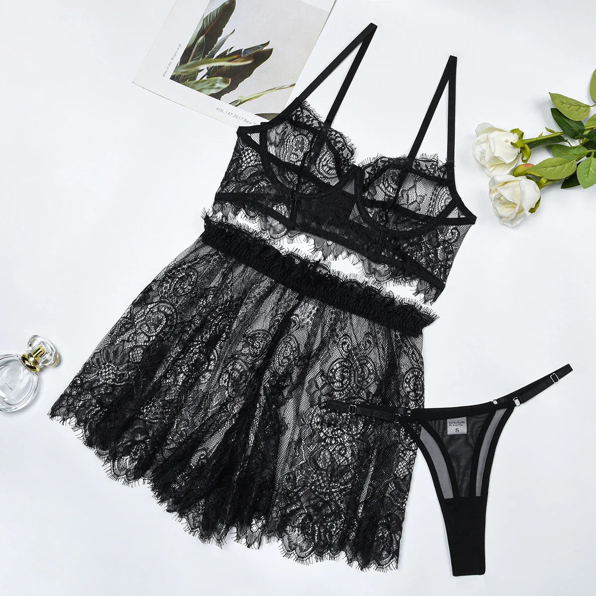Ellolace Lace Lingerie See Through Exotic Sets Sissy Transparent Skirt Fantasy Outfits Sexy French Underwear Black Sex Suit