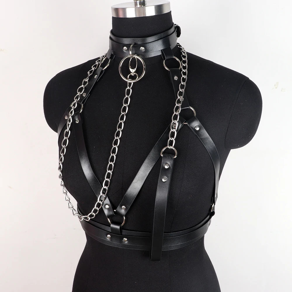 Goth Bra y Lingerie For Woman Leather Body Harness Belt Chest y Corset With Chain Festival Outfits Women