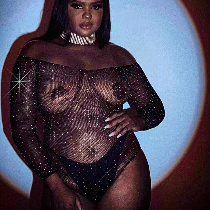 Plus Size Lingerie Bling Rhinestone Fishnet Bodysuit Transparent Dress Women Mesh Tights Exotic Outfits For