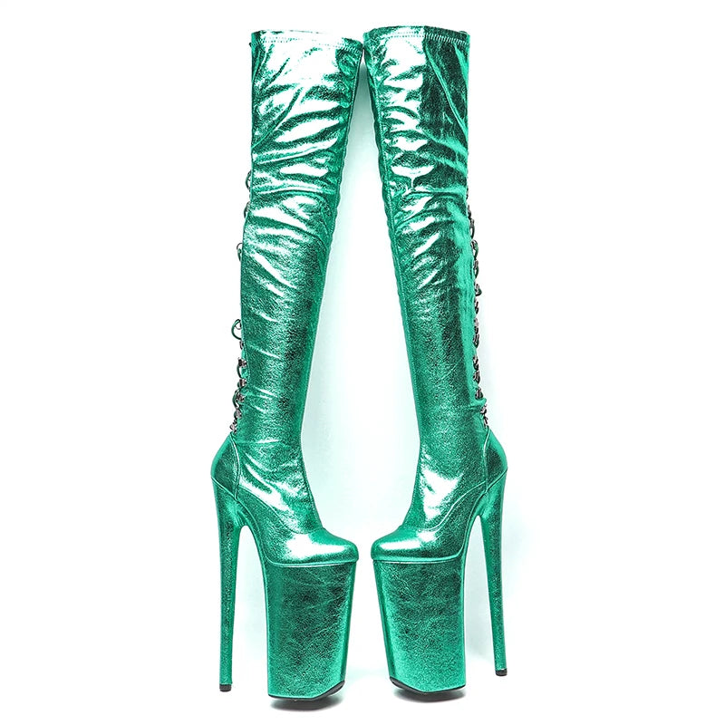 26CM/10inches Patent Upper Women Fashion High Heels Platform Closed Toe Lace Up And Thigh High Boots Pole Dance Boots