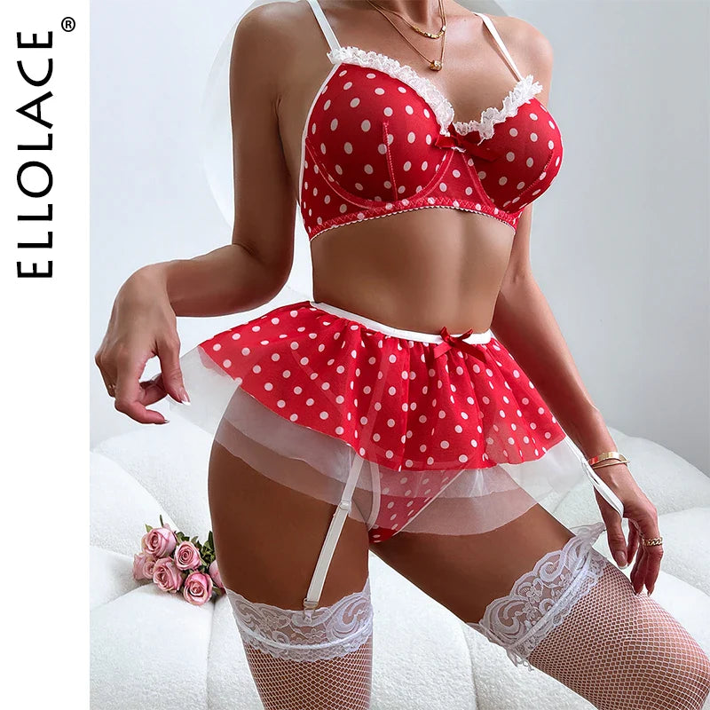 Ellolace Polka Dot Ensemble Lingeries Femmes Sweet Girl Bowknot Lace Fancy Erotic Outfits Garter Stocking Push Up Bilizna Set