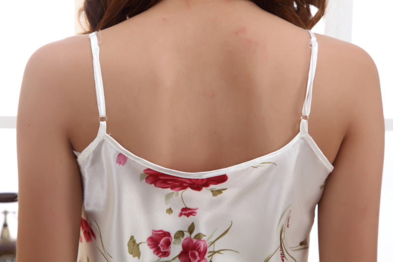 Pyjama en soie glacée avec bretelles pour femme, ensemble deux pièces, Rose d'été