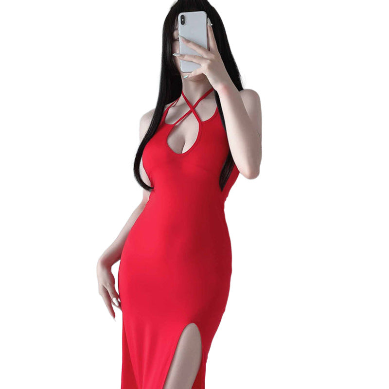 Jupe longue fendue transparente, lingerie sexy, décolleté en V profond