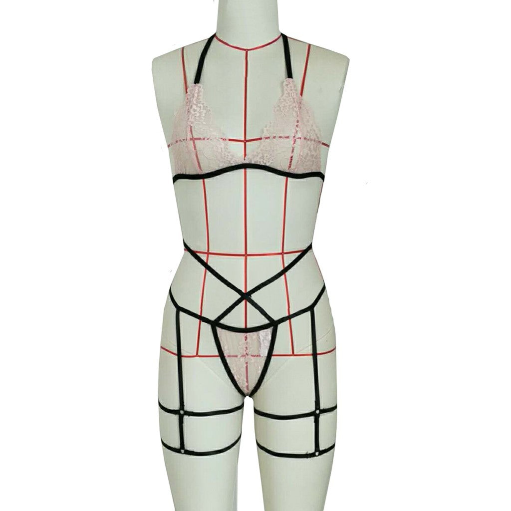 Conjunto de correas de pierna de lencería sexy hueca de encaje de lencería sexy