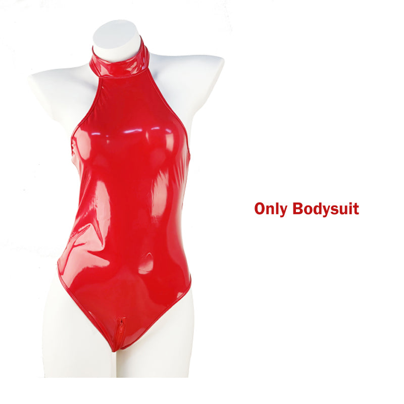 Pantalon zippé en cuir verni PU, body brillant