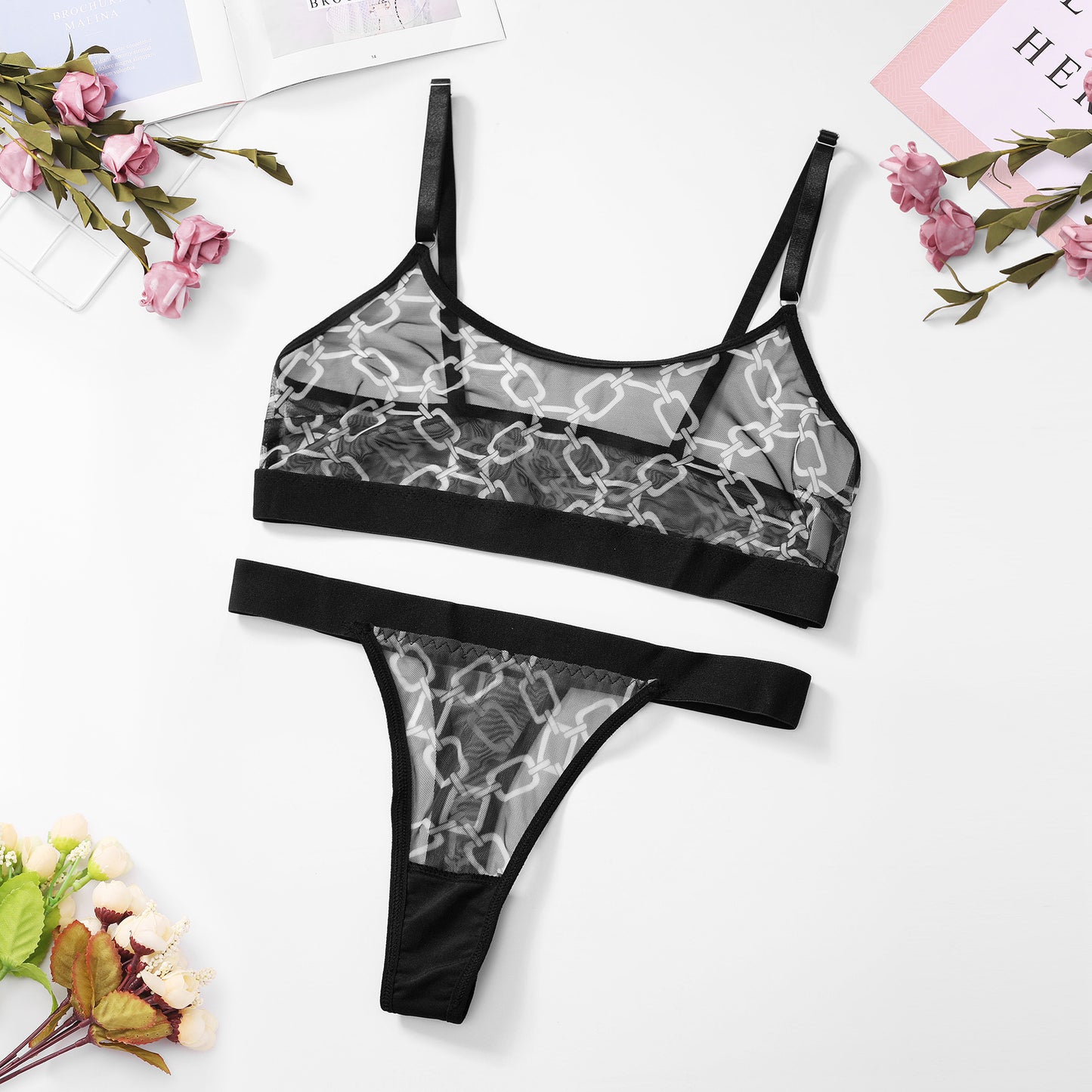 Ensemble de soutien-gorge de sous-vêtements imprimés en tissu filet à la mode pour femmes
