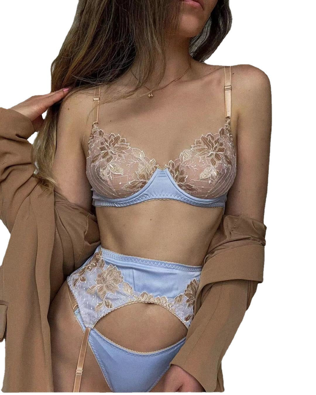 Ensemble de sous-vêtements sexy trois pièces, lingerie vintage, artisanat haut de gamme