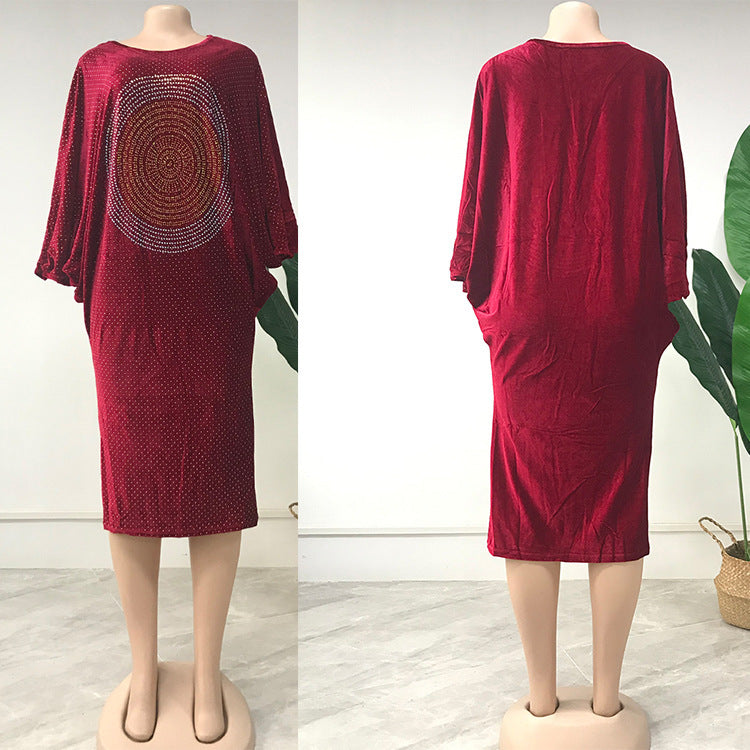 Ladies Hot Rhinestone Bat Sleeve Casual Dress