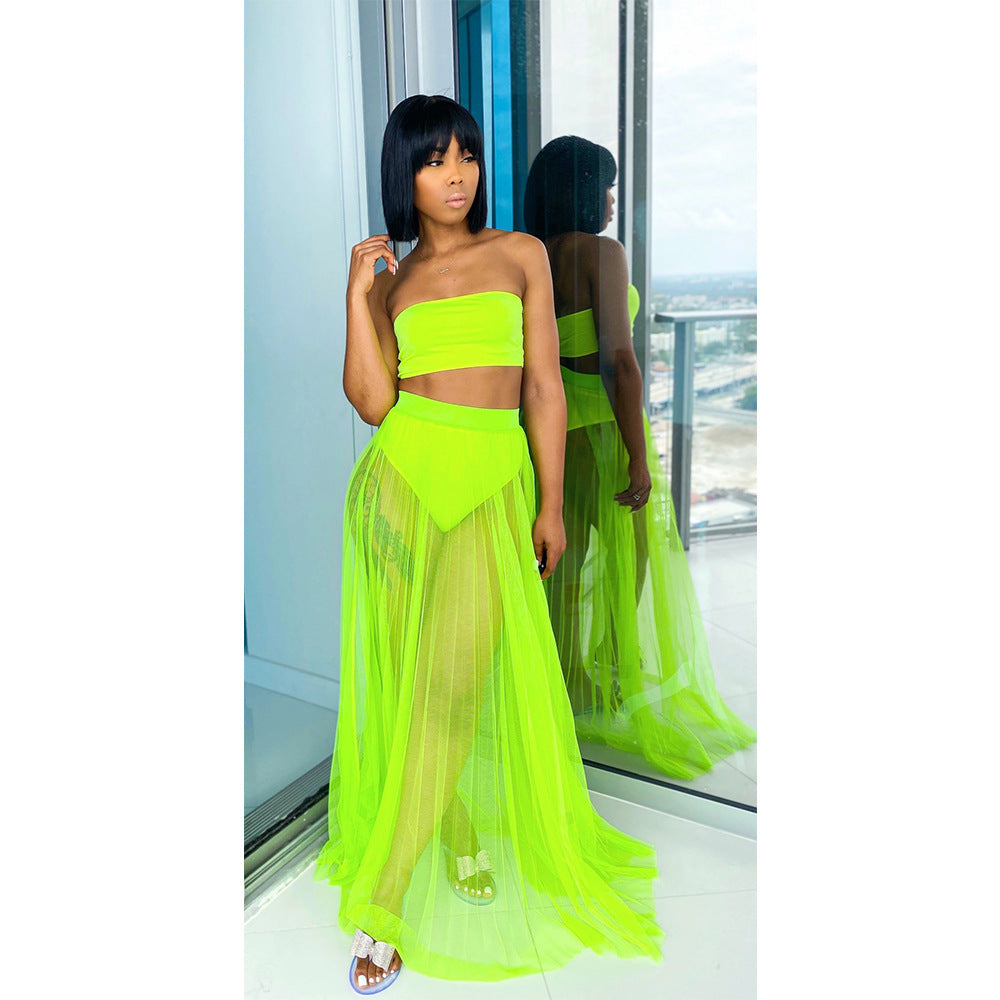 Mesh Chest-wrapped Swimsuit Ladies Two-piece Set