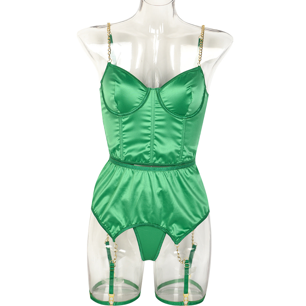 Ensemble trois pièces de lingerie haut de gamme en satin vert avec chaîne pour femme