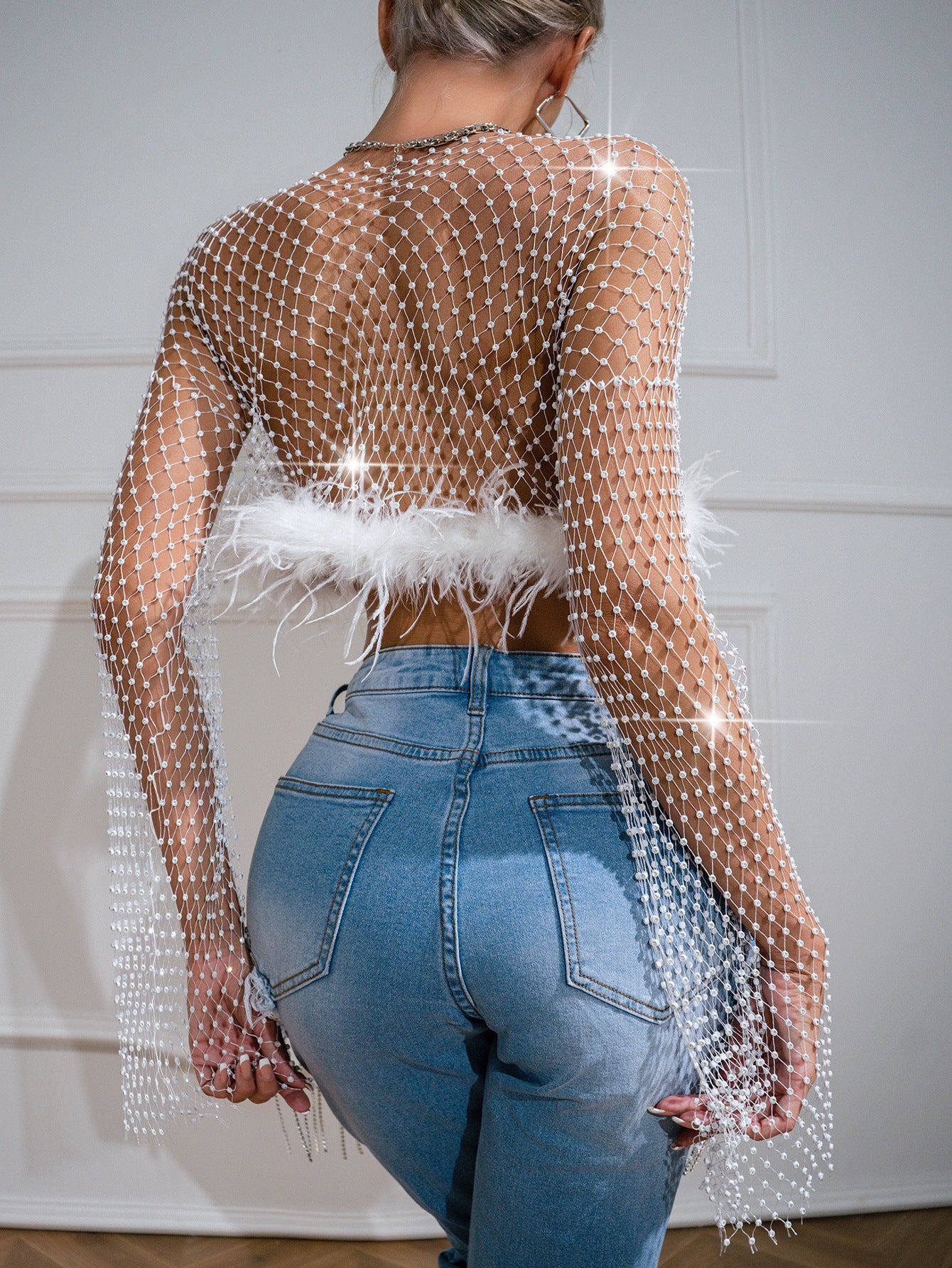 Women's Elegant Slim-fit Diamond Super Shiny Ostrich Feather Sexy Rhinestones Fishnet Top