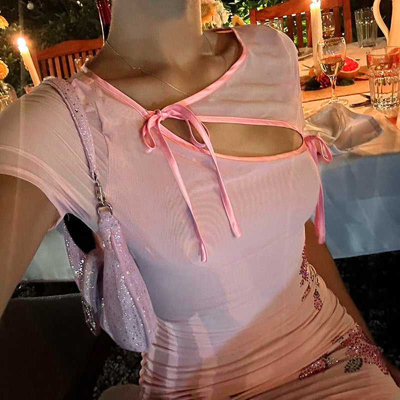 Summer New Lace-up Short-sleeved Flower Hot Rhinestone With Hot Girl Dress