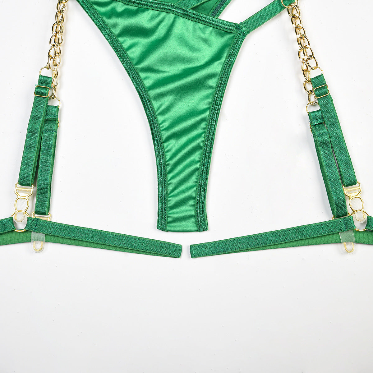 Ensemble trois pièces de lingerie haut de gamme en satin vert avec chaîne pour femme