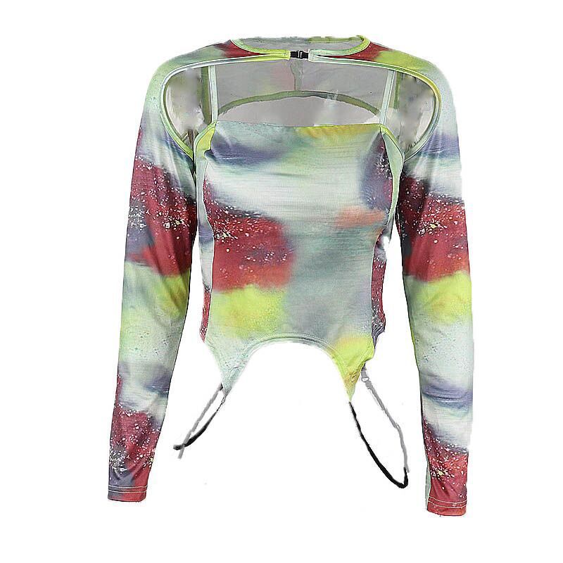 Printed Sexy Square Neck Slim Tank Long Sleeve Vest Set