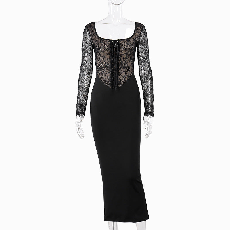 Hot Girl Temperament Slim Vest And Long Sleeve Lace Stitching Tied Dress