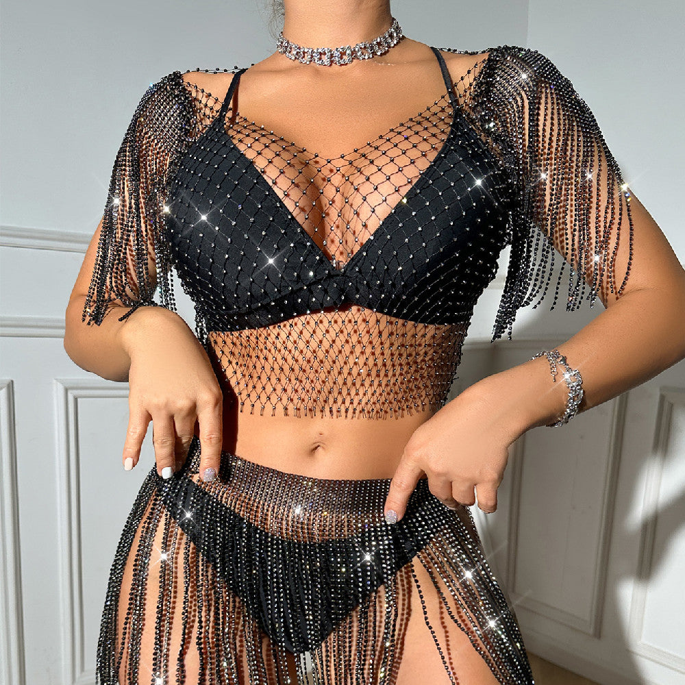 Sexy Beach Mesh Rhinestone Transparent Suspender Fishnet Suit Skirt