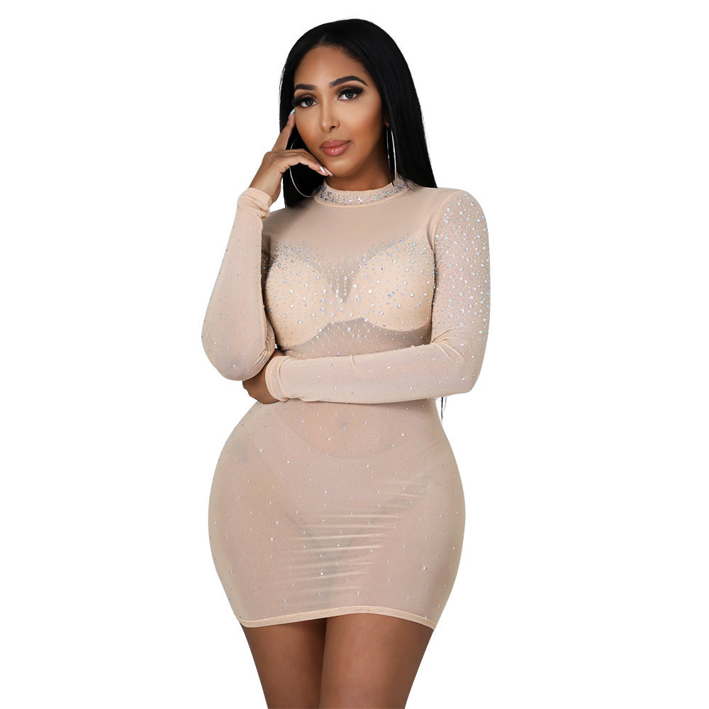 Sexy Net Yarn Nightclub Hot Rhinestone Long Sleeve Dress