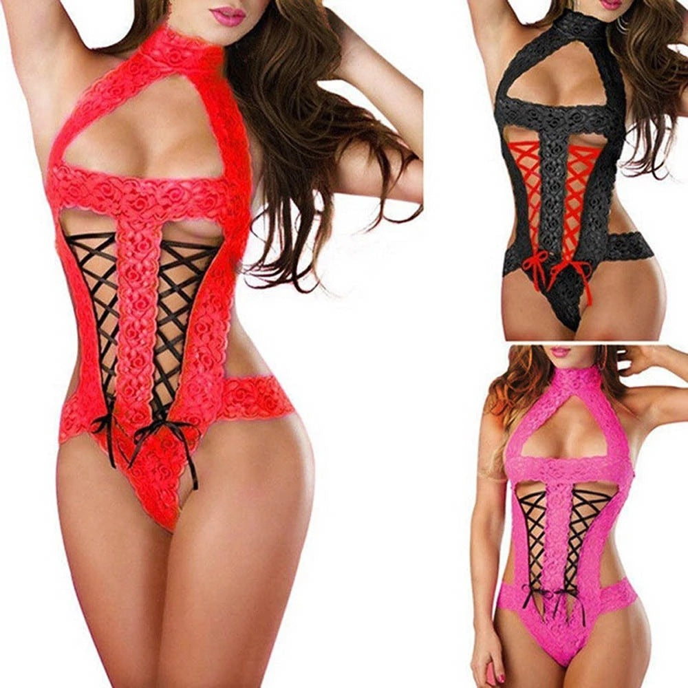 Costume sexy en dentelle avec nœud pour femme