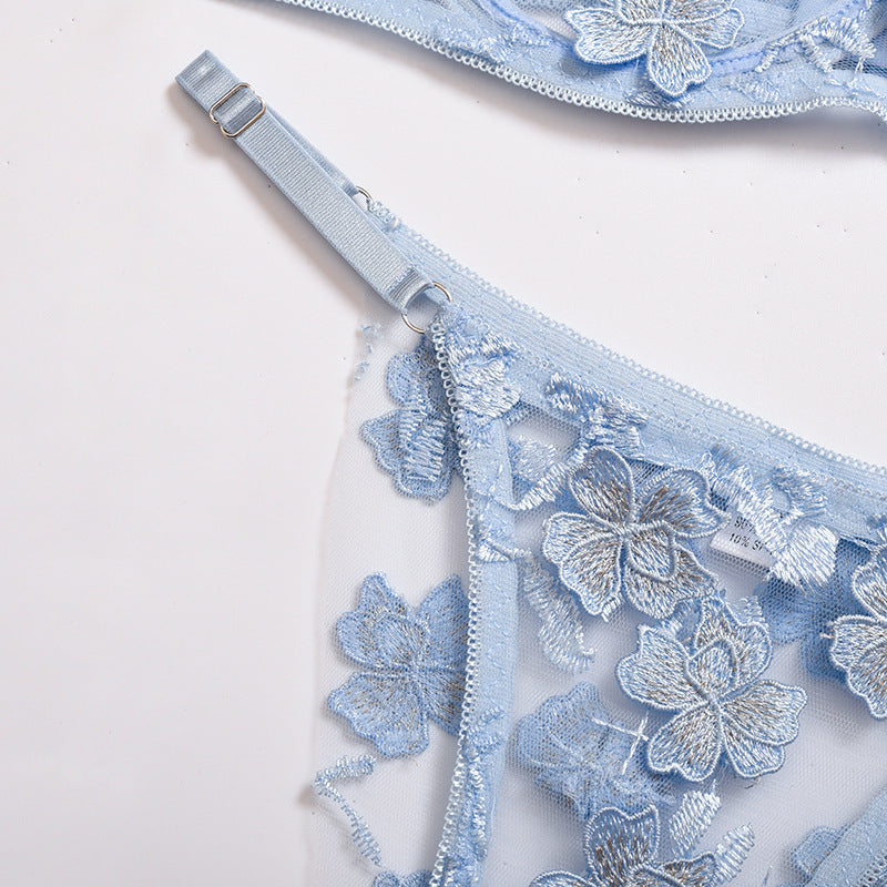 Embroidered Flower Mesh See-through Sexy Underwear Set