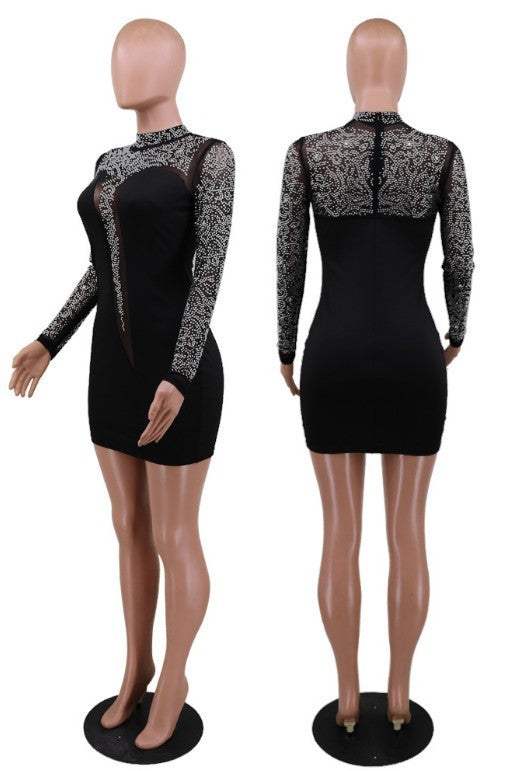 Sexy Stitching Perspective Hot Rhinestone Long-sleeved Hip Dress