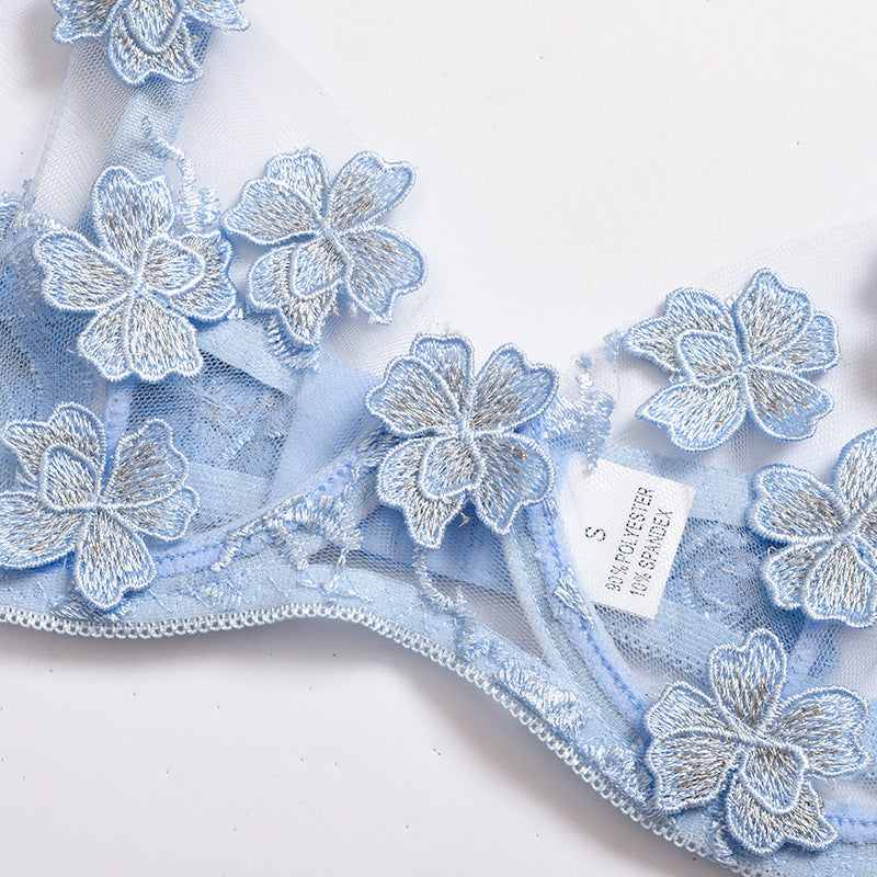 Embroidered Flower Mesh See-through Sexy Underwear Set