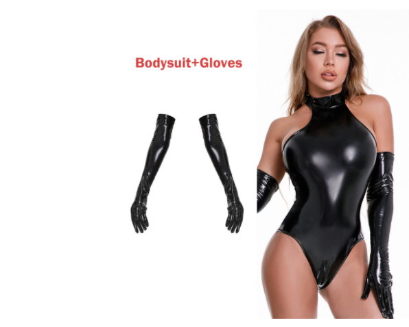 Pantalon zippé en cuir verni PU, body brillant