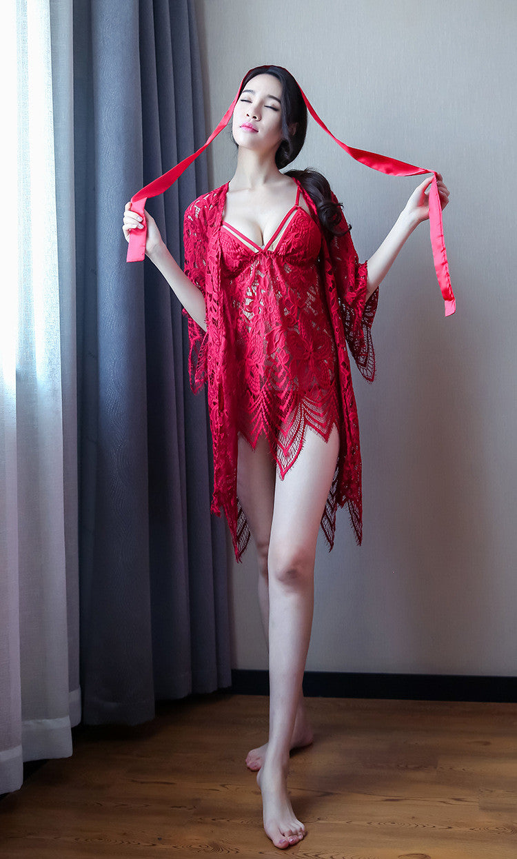 Conjunto de camisón de pijama hueco de lencería sexy con tirantes bohemio transparente de encaje sexy