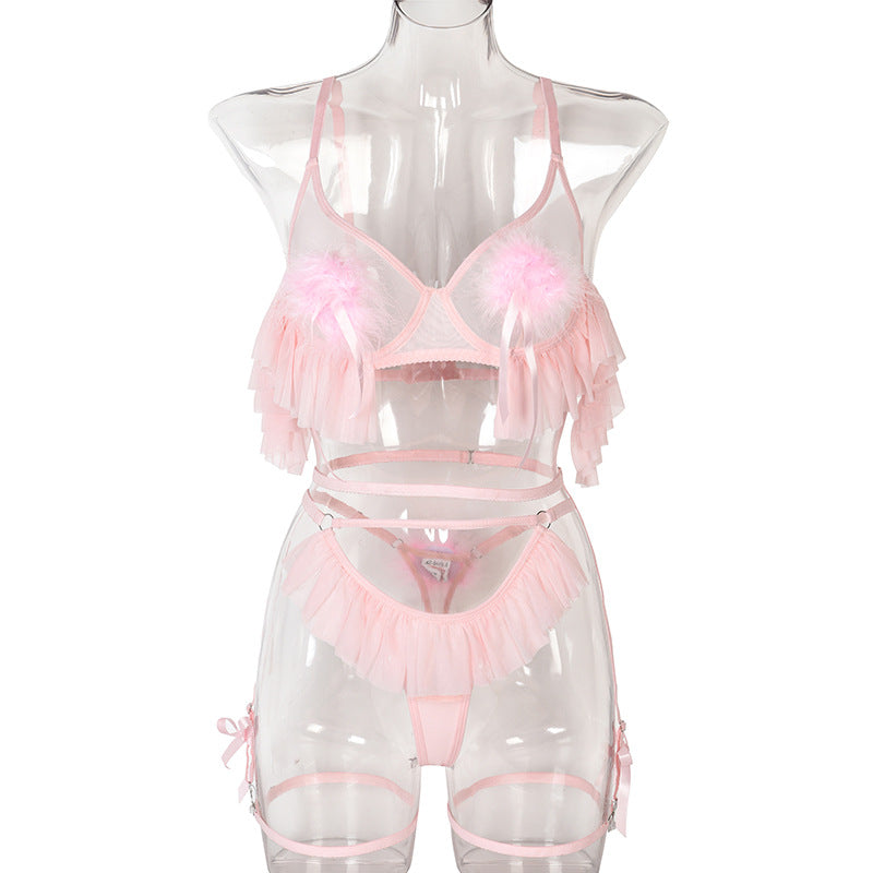 Conjunto de lencería de malla cómoda transparente con falda plisada y pompones