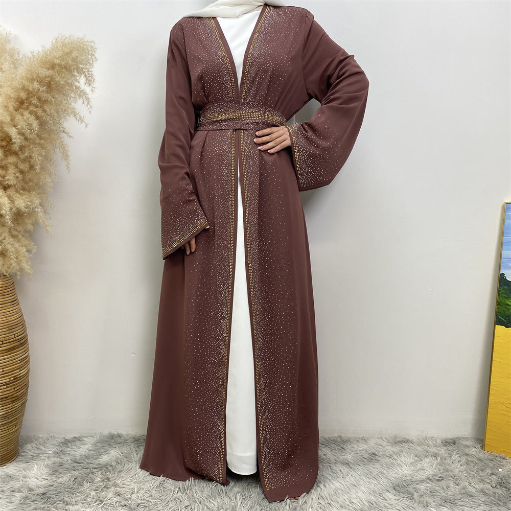 Middle East Dubai Hot Sale Rhinestone Lace-up Cardigan With Pocket Dress
