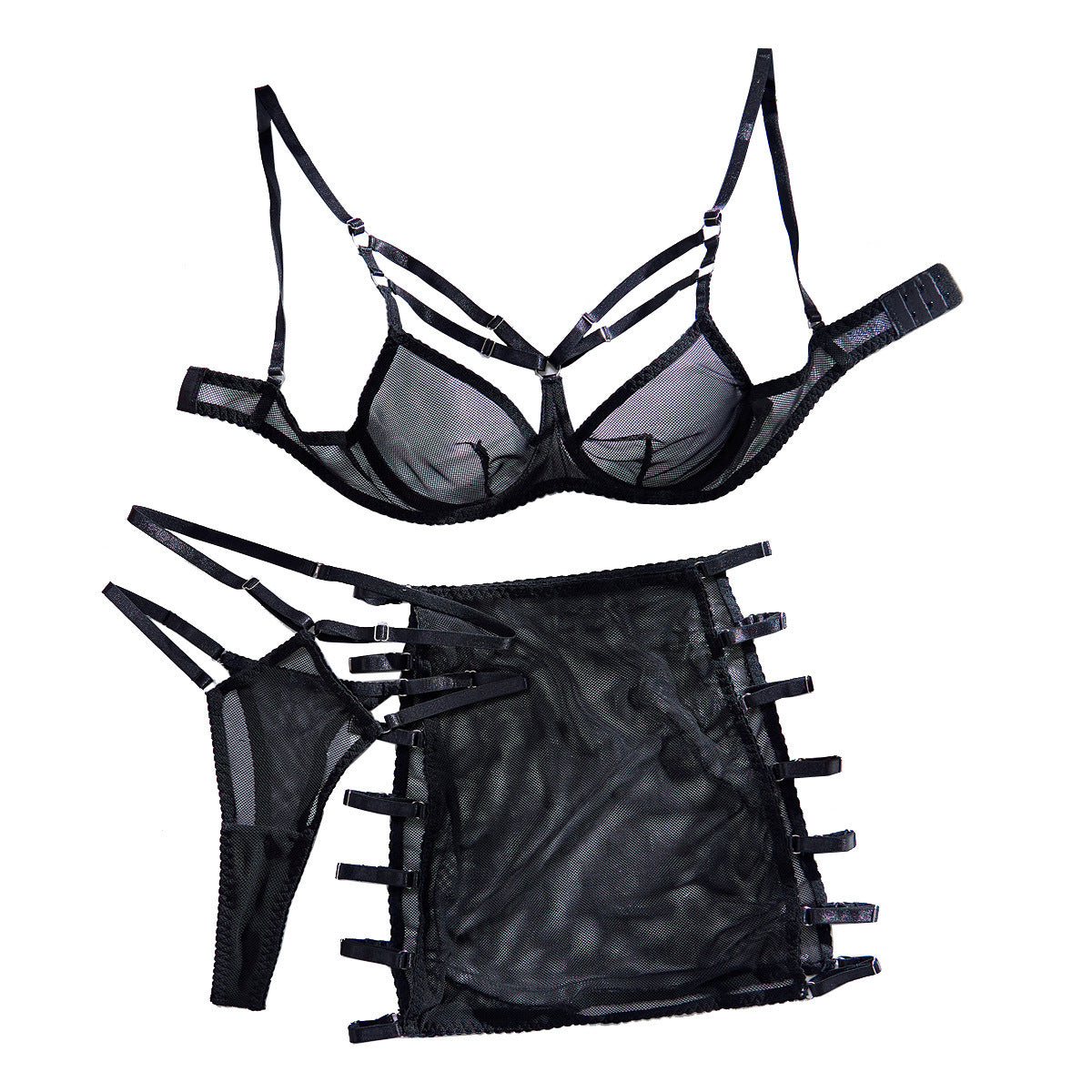 Sheer Mesh Steel Ring Push Up Hollow Sheath Short Skirt Sexy Lingerie Three-piece Set