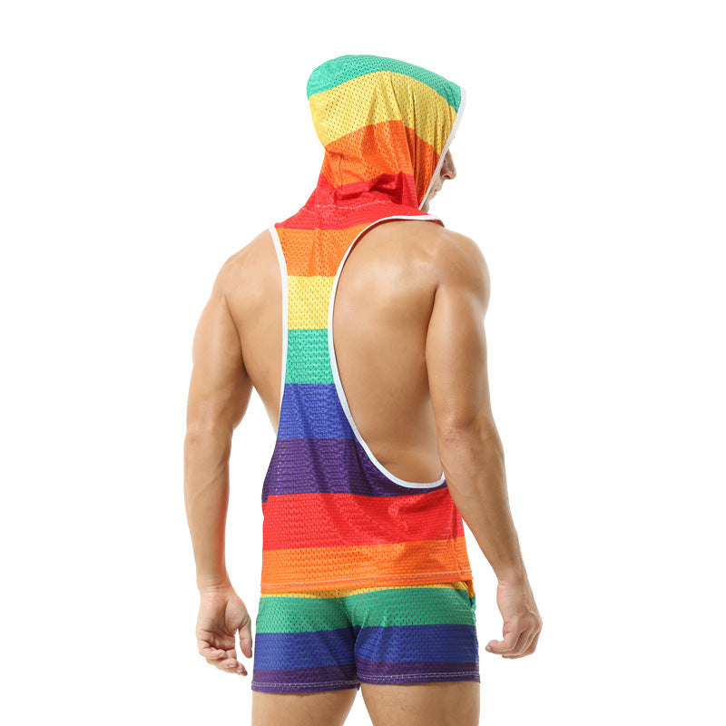 Rainbow Hooded Men's Vest V-neck Hollow Breathable Thin Sexy Sleeveless Loose I-shaped Top Without Pants