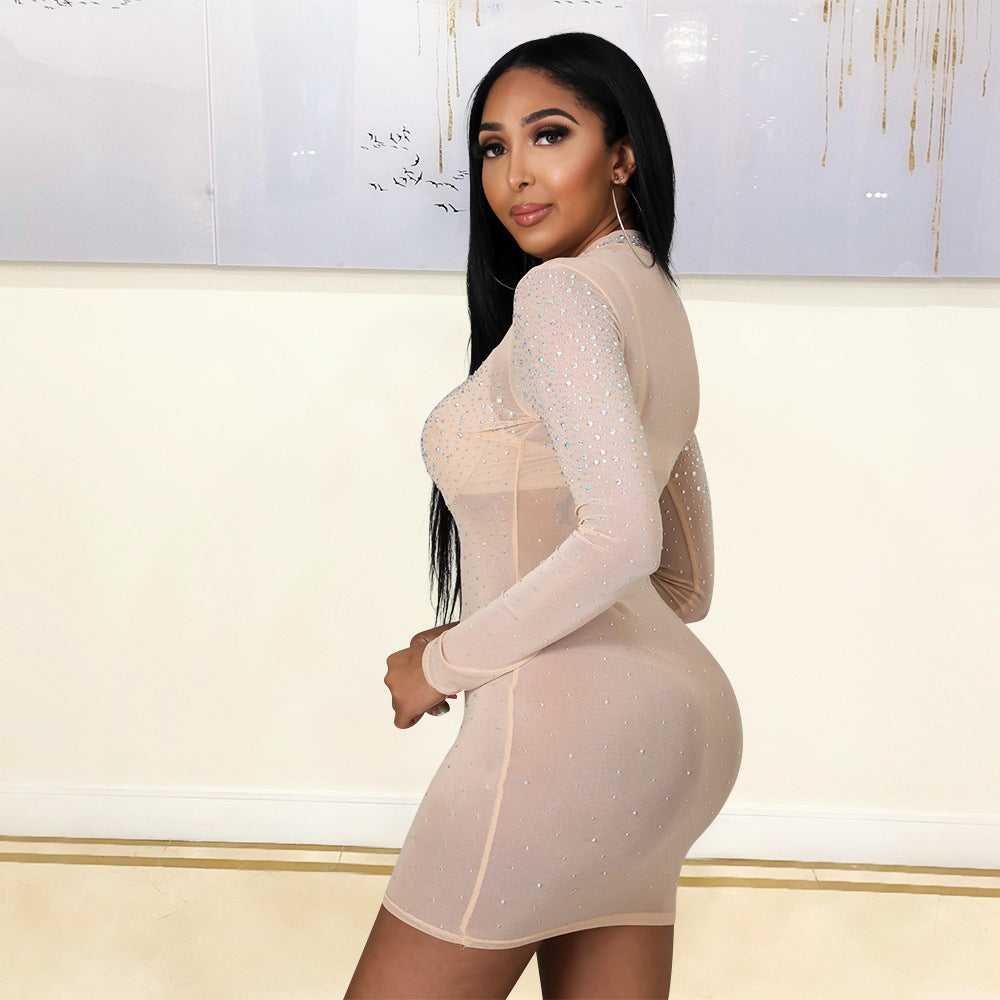Sexy Net Yarn Nightclub Hot Rhinestone Long Sleeve Dress
