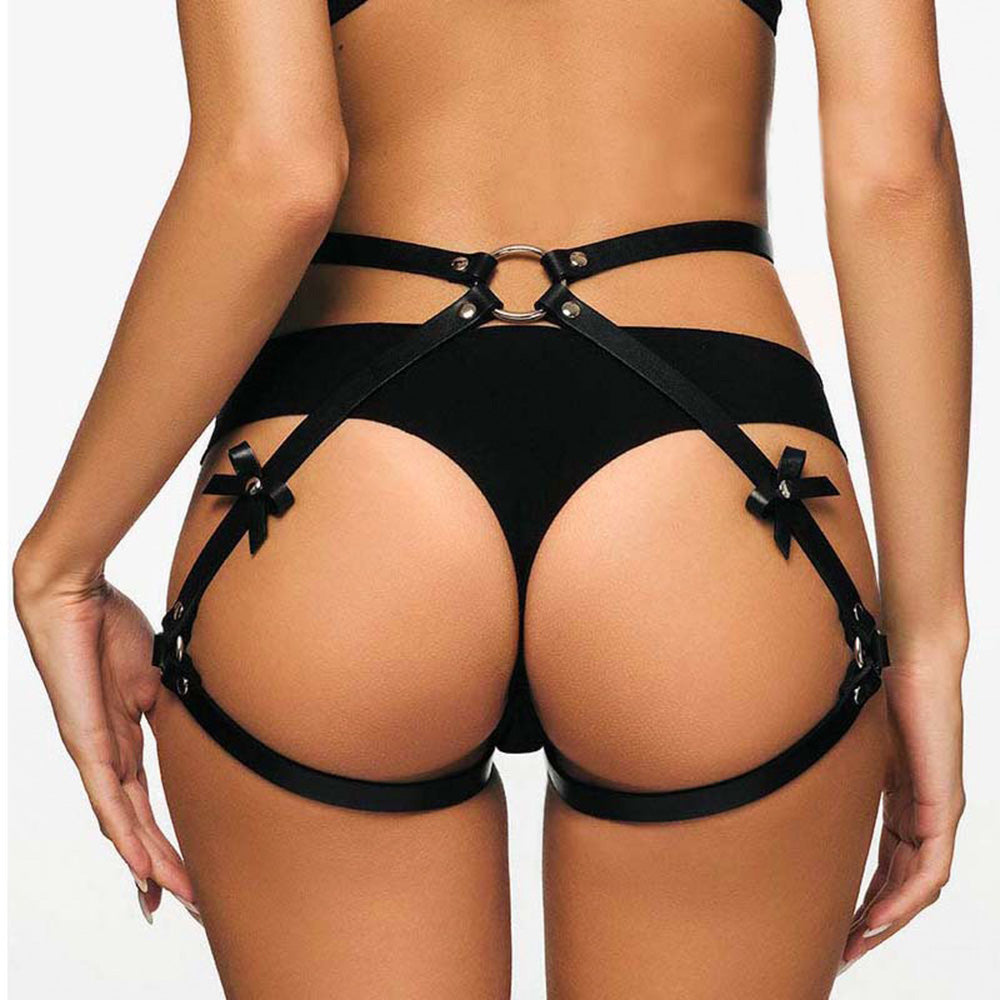 Punk Black Leather PU Bow Belt Leg Loop Sexy Harness Leather For Ladies Fun Harness Leather