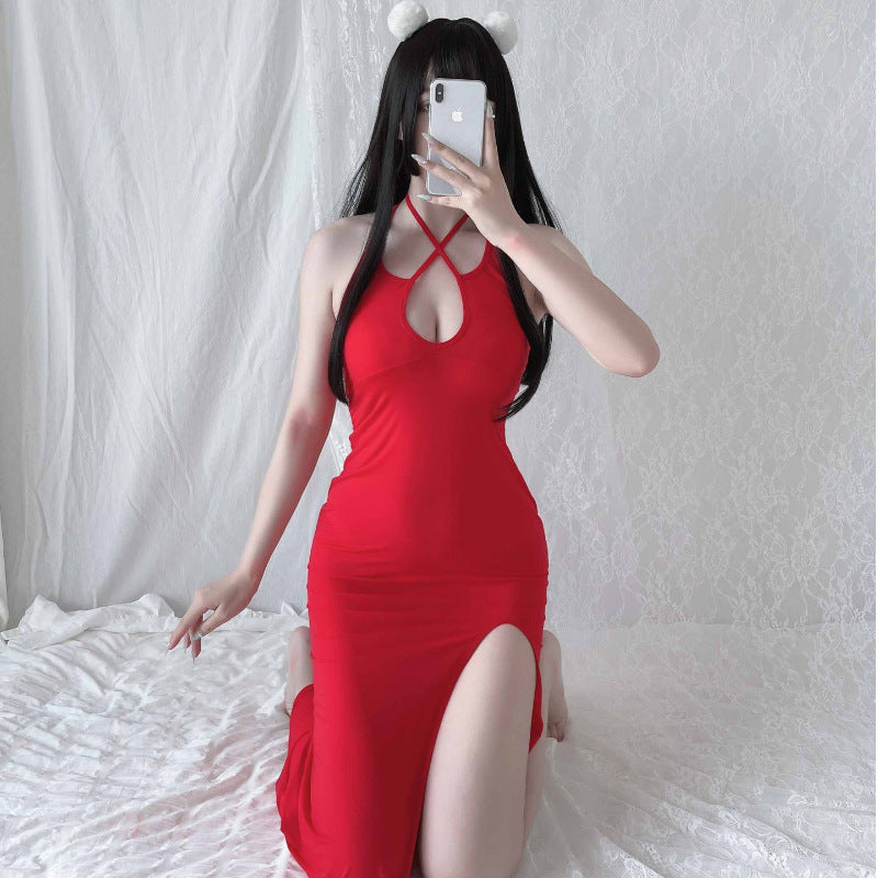 Jupe longue fendue transparente, lingerie sexy, décolleté en V profond