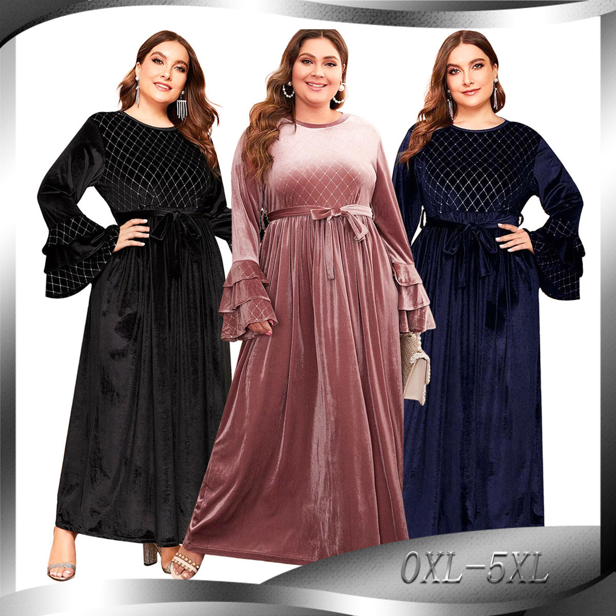Fashion Oversized Women's Hot Stamped Flare Sleeves Golden Velvet Casual Dress