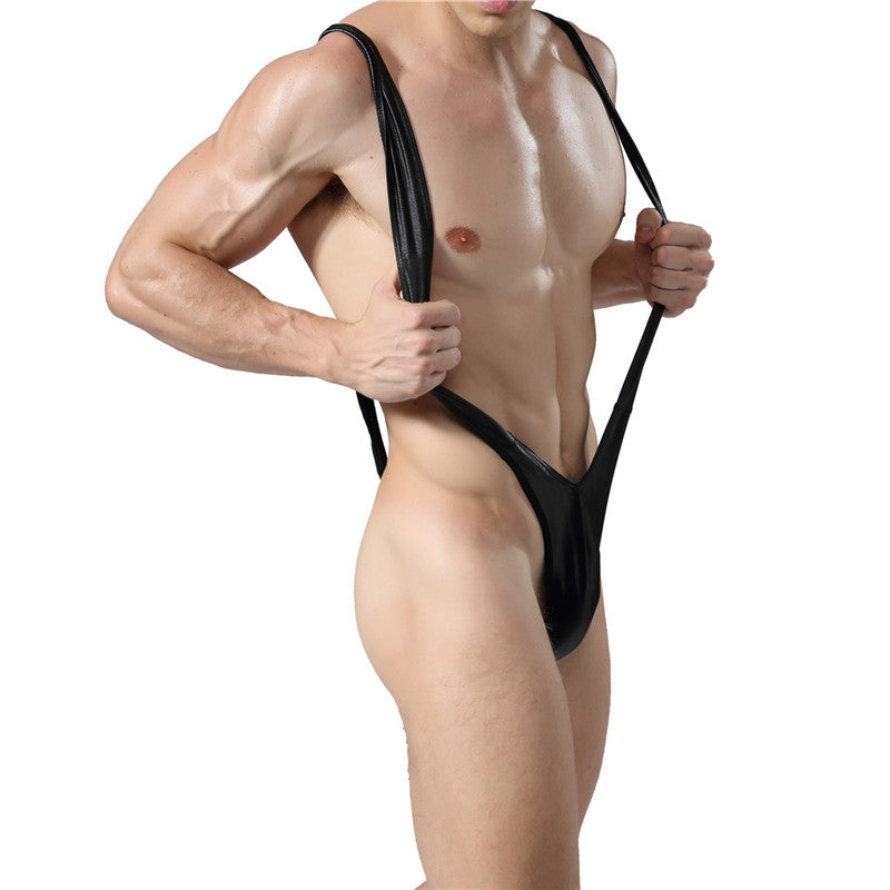 Maillot de bain une pièce en cuir à bretelles en V pour hommes