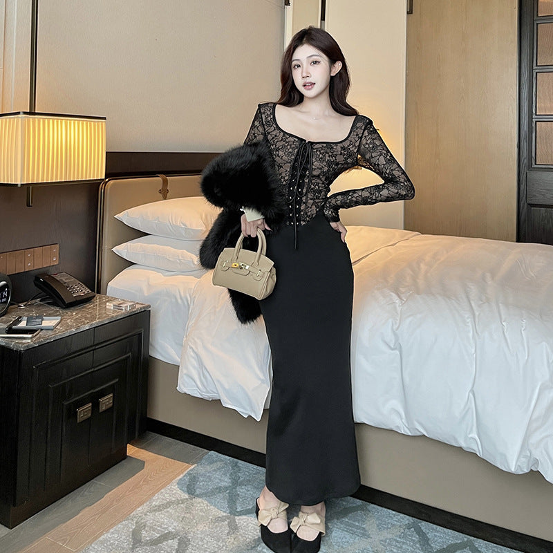 Hot Girl Temperament Slim Vest And Long Sleeve Lace Stitching Tied Dress