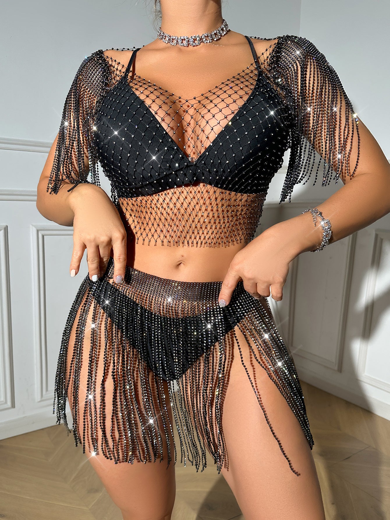 Sexy Beach Mesh Rhinestone Transparent Suspender Fishnet Suit Skirt