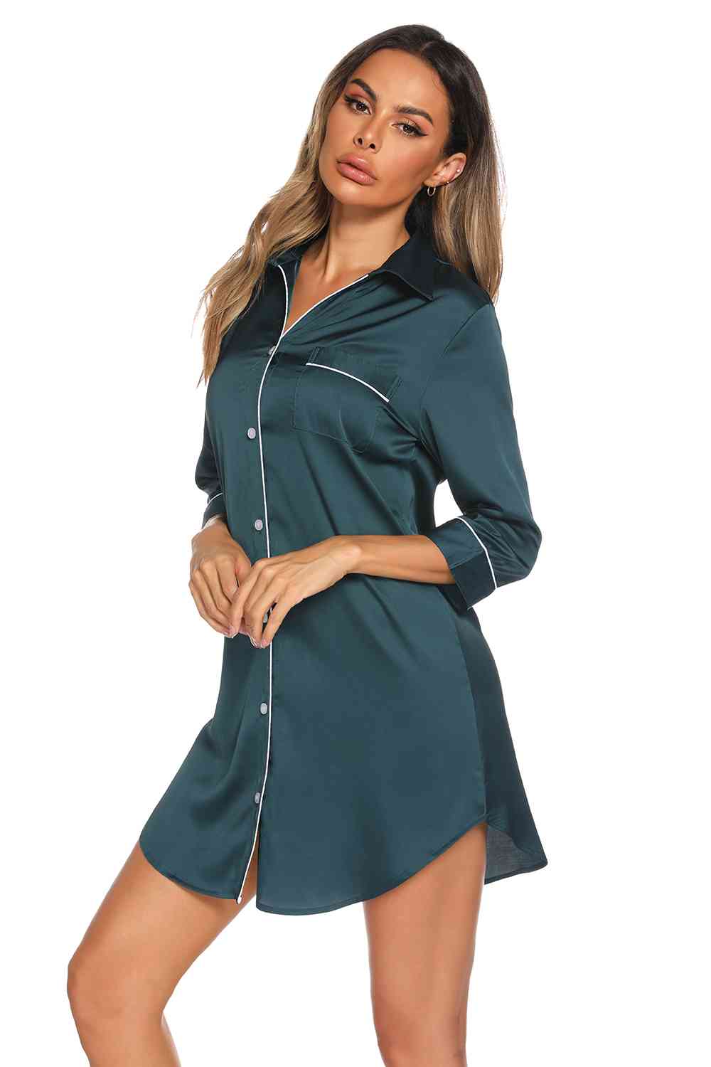 on Up Collared Neck Night Dress with Pocket