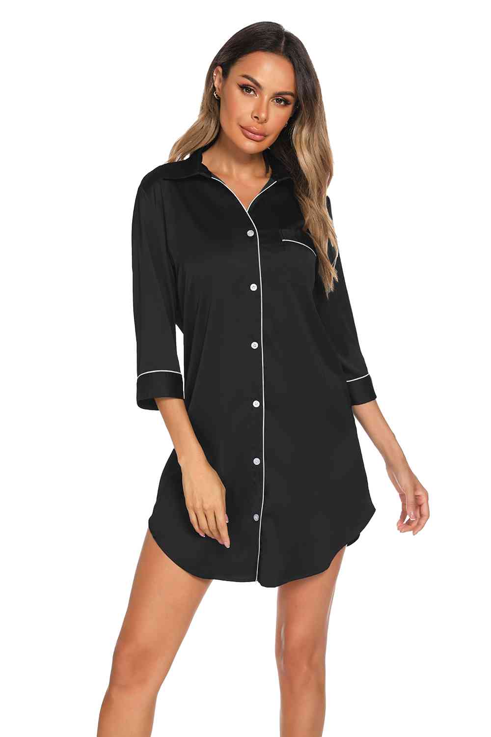 on Up Collared Neck Night Dress with Pocket