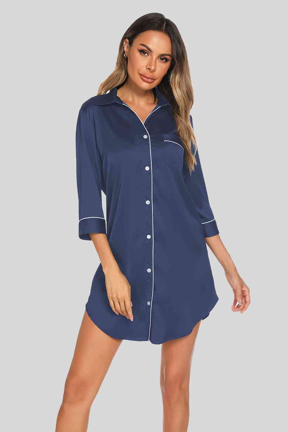 on Up Collared Neck Night Dress with Pocket
