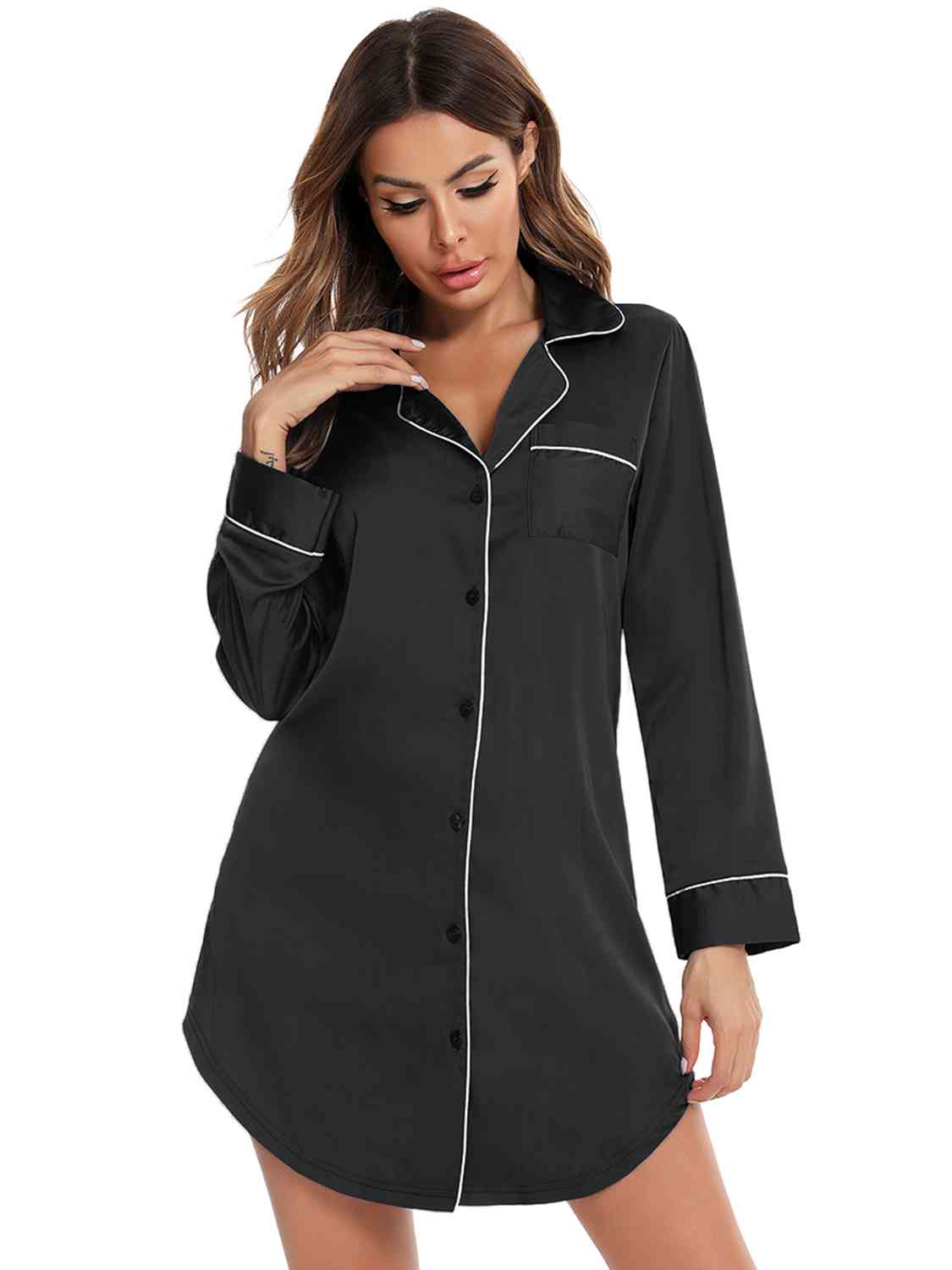 on Up Lapel Collar Night Dress with Pocket