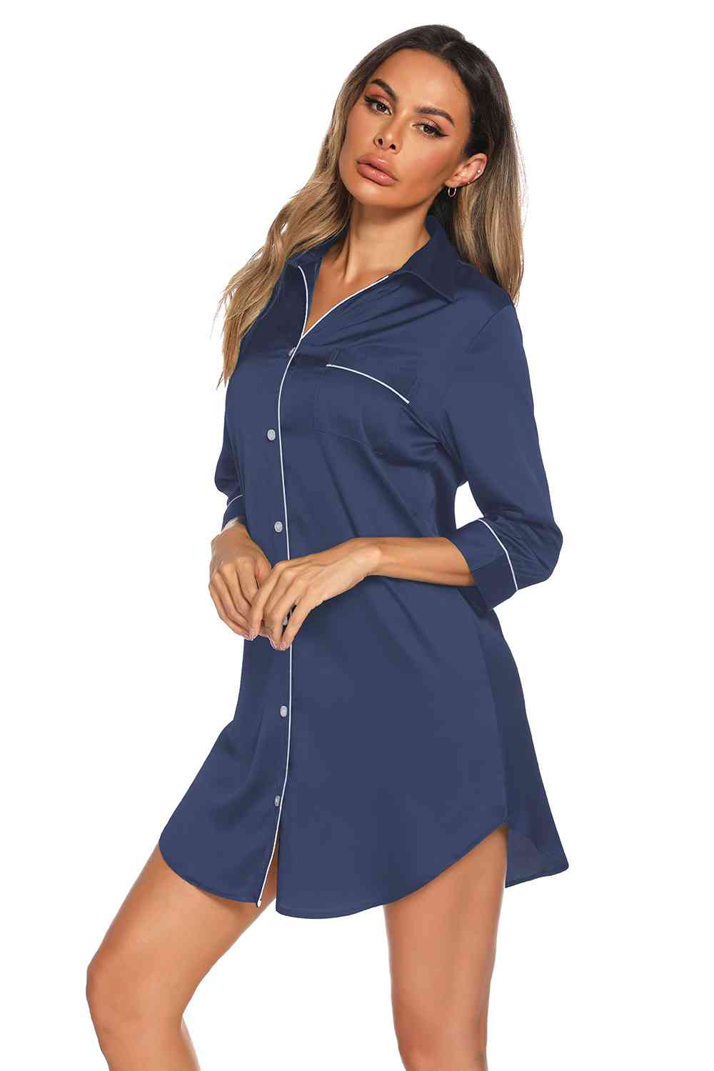 on Up Collared Neck Night Dress with Pocket