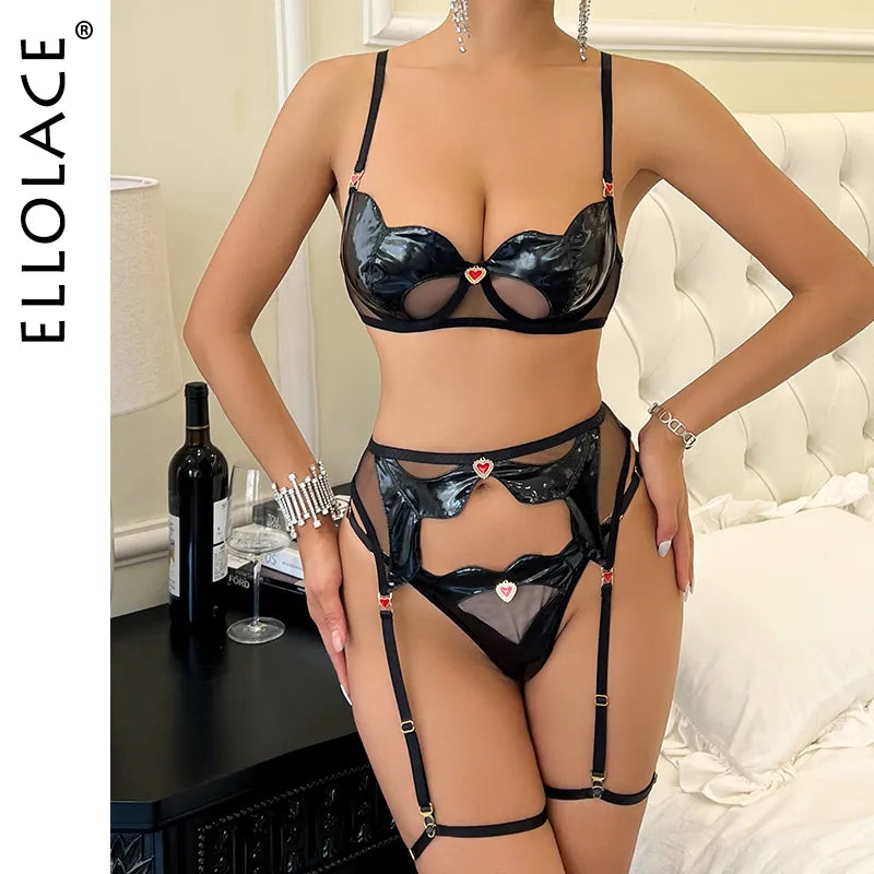 Leather Lingerie For Full Luxury Red Love Decoration Cut Out Bra Garter Sets See Through Bilizna Set
