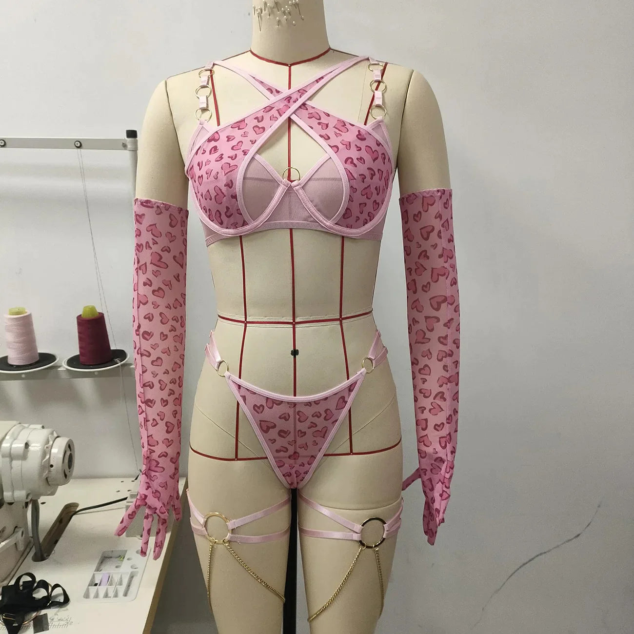 Leopard Lingerie Cross Bra Push Up Intimate See Through Lace Hot Girl Underwear Romantic Loving Heart Gloves Stocking