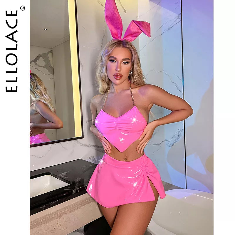 Latex Lingerie Neon Pink Underwear Women 3-Piece Bunny PVC Outfit Nightclub Leather Costumes