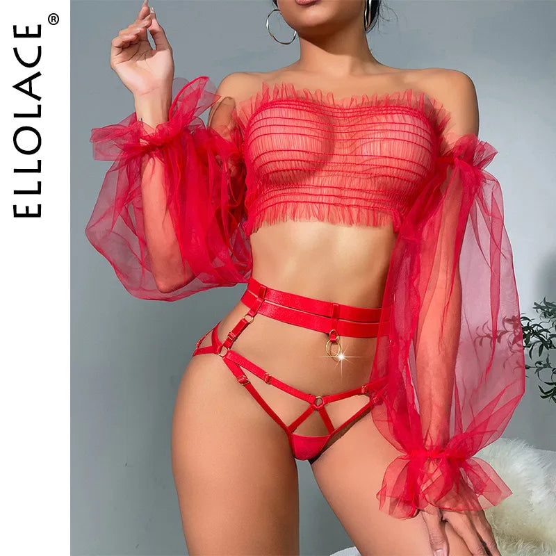 Sheer Mesh Off Shoulder Lingerie Sets Crotchless Outfits Uncensored Long Sleeve Transparent Intimate