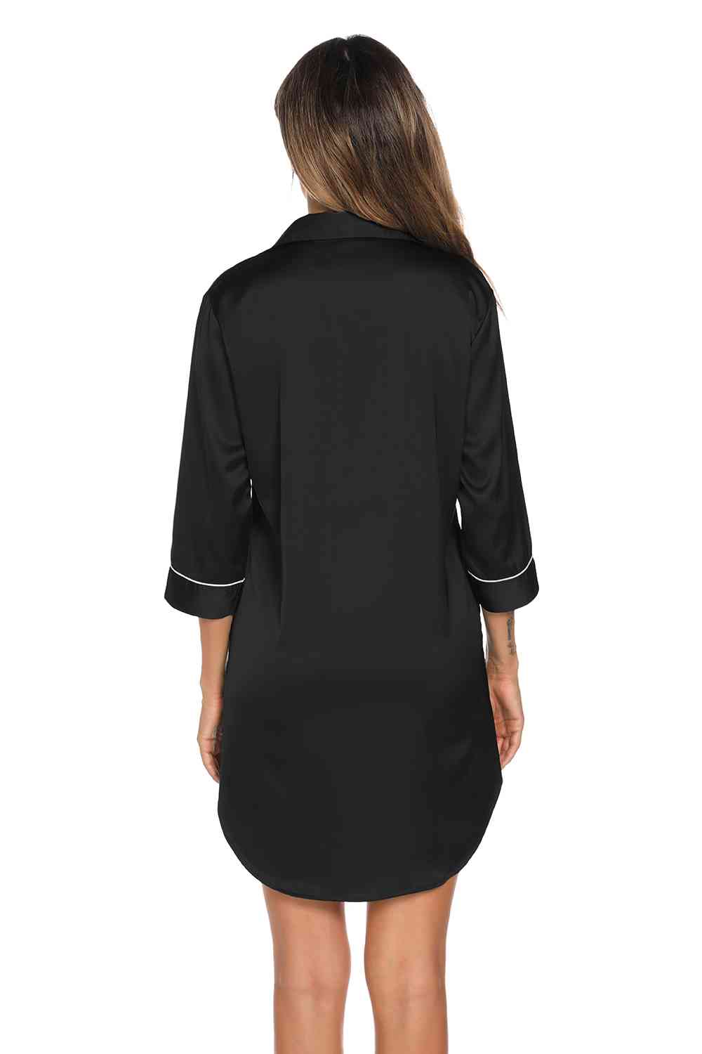 on Up Collared Neck Night Dress with Pocket