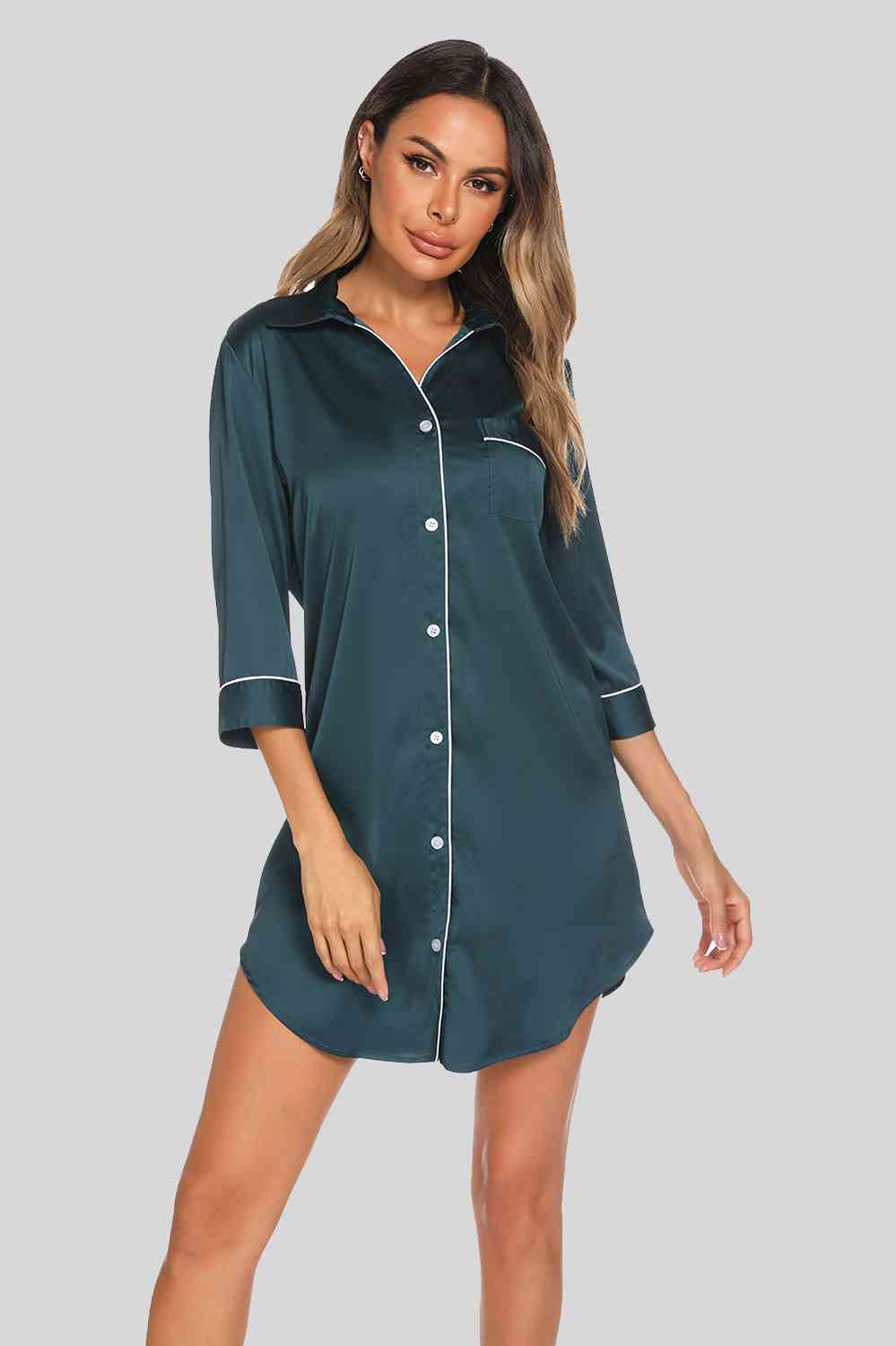 on Up Collared Neck Night Dress with Pocket