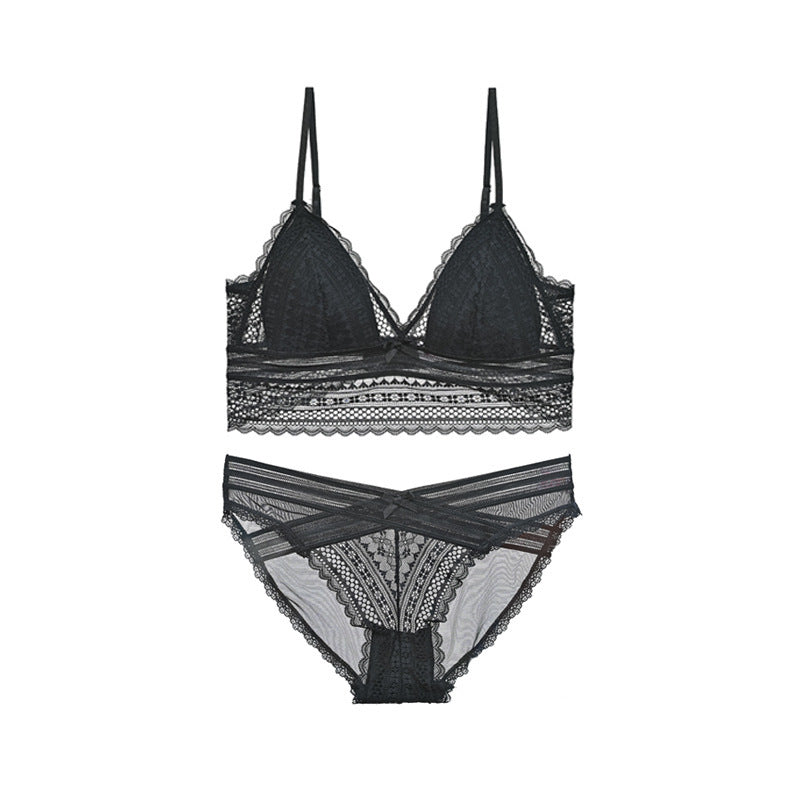 Conjunto de ropa interior de sujetador sexy transpirable con copa triangular de encaje sin anillo de acero
